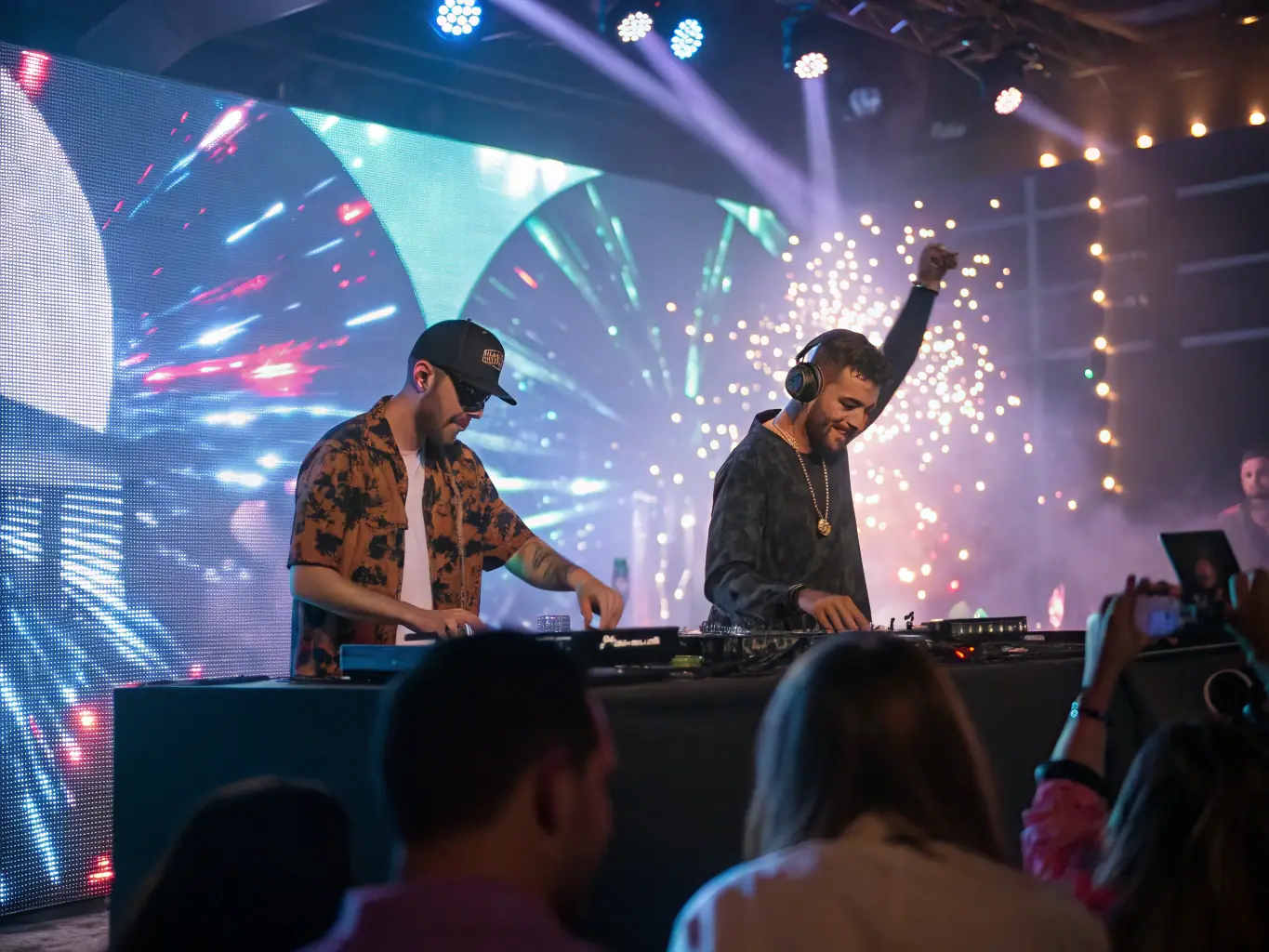 A dynamic image of a live performance at the Festival Électro & Numérique, featuring musicians, visual artists, and a captivated audience. The stage is bathed in colorful lights and projections, creating an immersive and unforgettable experience.