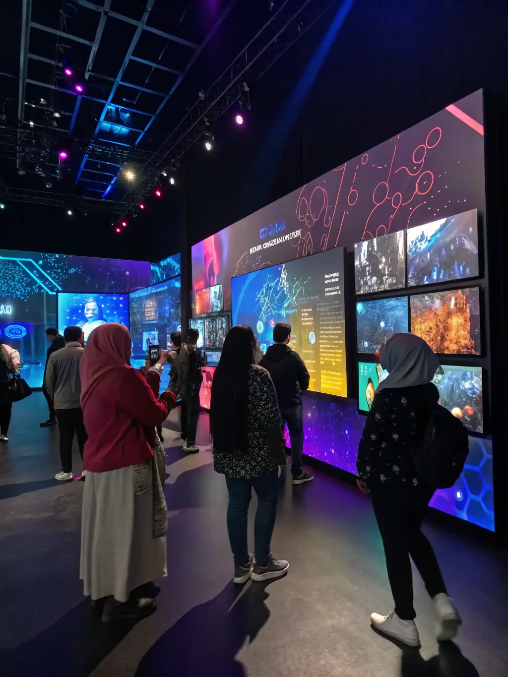 A captivating image from the Exposition InterArts, featuring an interactive digital art installation with people engaging with the artwork, illustrating the intersection of traditional and digital arts.