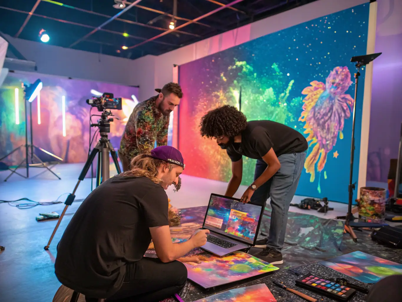 A vibrant image showcasing artists collaborating in a digital arts workshop, surrounded by computers, synthesizers, and other electronic equipment. The atmosphere is energetic and creative, reflecting the collaborative spirit of MANB's programs.