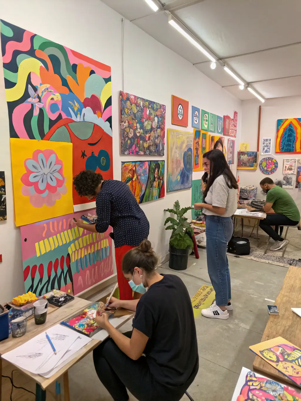 A photo of artists working in the MANB residency program, showing them collaborating on a digital art installation in a studio environment, emphasizing creativity and experimentation.