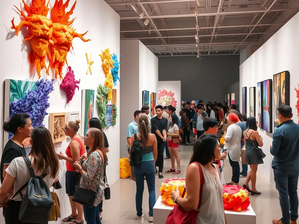 An engaging image of participants interacting with an interactive art installation at the Exposition InterArts, showcasing the fusion of traditional and digital art forms. The installation is visually striking and invites exploration and discovery.