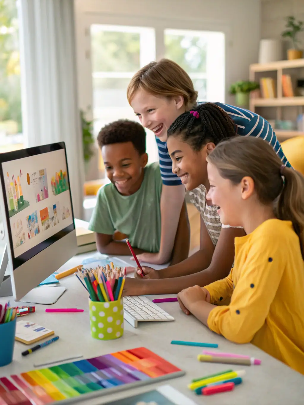 A vibrant image of a community workshop where participants are learning to create digital art, showcasing MANB's commitment to education and accessibility.